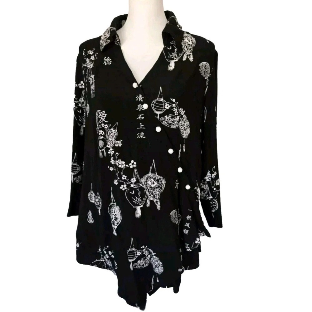 Soft Surroundings Asian Lantern Print Asymmetrical Wrap Blouse Black White XL